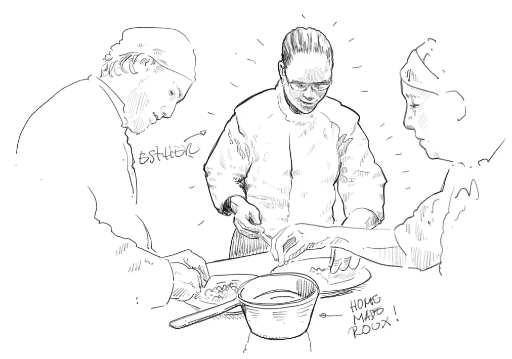 Culinaire illustratie die de keukenfilosofie van De Utrechtse Dwarstafel uitbeeldt.